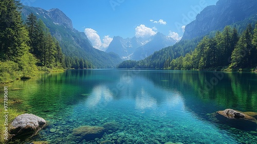 a Plansee lake with clear blue water and surrounding mountainous landscape, evoking tranquility and natural beauty.