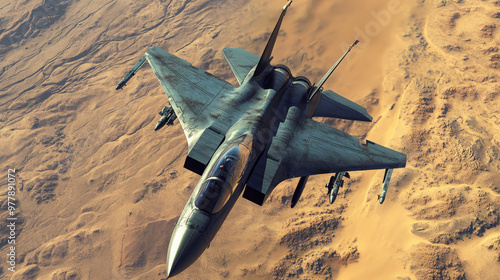 Jet fighter above american desert. Digital art photo