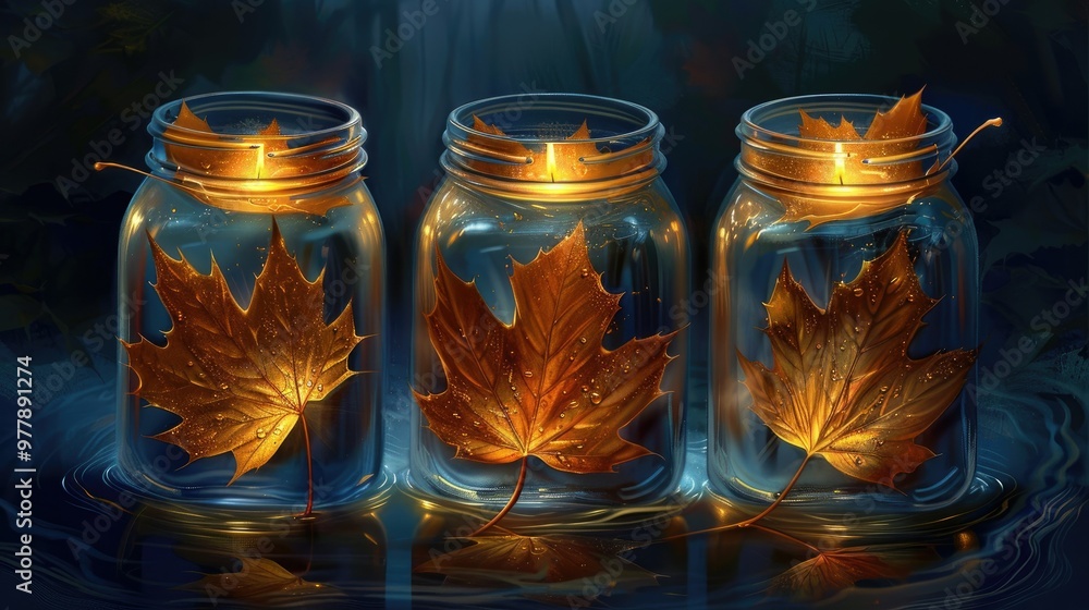 Three mason jars with leaves painted on them Three mason jars with leaves painted on them