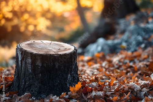 Closeup of Tree Stump in Autumn Forest with Colorful Leaves