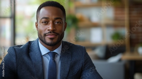 an Professional real estate agent in an office, discussing properties and showcasing a confident demeanor.