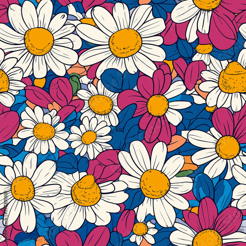 Wallpaper Mural Cartoon style colorful daisies - seamless pattern in pink, blue and white colors Torontodigital.ca