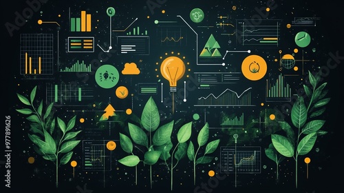 this Green business strategy concept with visual elements like charts, graphs, and eco-friendly symbols.