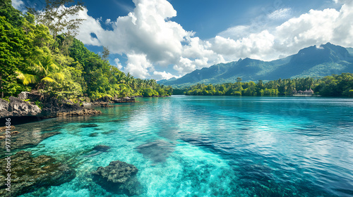 A serene tropical lagoon with turquoise waters surrounded by dense jungle and distant mountains under a bright sky.