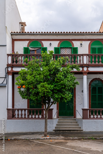 Orangenbaum am Gehweg vor einem spanischen Haus mit grünen Fensterläden und Hölzer Balustrade  in Artà In Mallorca Spanien photo