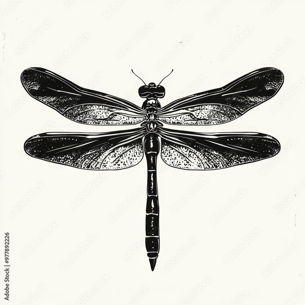 A detailed black and white illustration of a dragonfly with its wings spread. A detailed black and white illustration of a dragonfly with its wings spread.