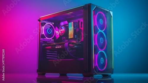 A high-performance desktop PC with a transparent side panel, showing internal RGB components