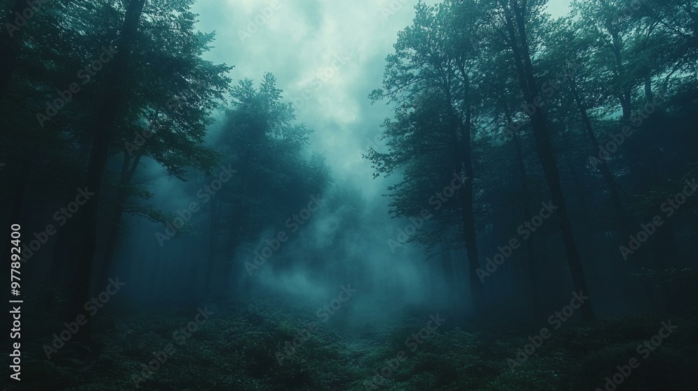 Obraz premium an Dark foggy forest with dense mist and tall trees, creating an eerie and mysterious atmosphere.