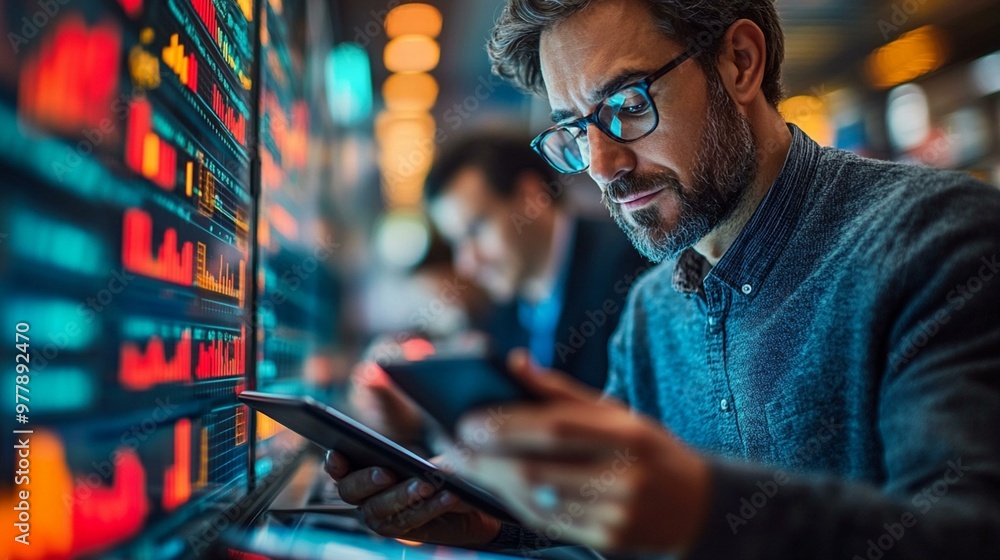 an Business team analyzing data on tablets in a monitoring room, emphasizing teamwork and financial insights. an Business team analyzing data on tablets in a monitoring room, emphasizing teamwork and financial insights.
