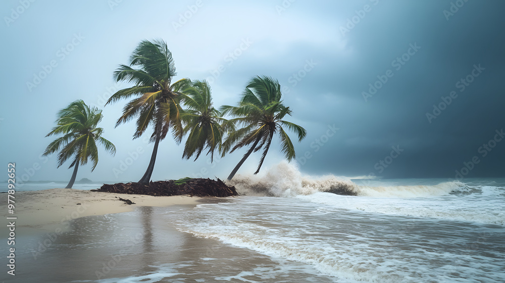 A small island being battered by a tropical storm with palm trees bent under the wind rain lashing the sand and waves crashing against the shore. A small island being battered by a tropical storm with palm trees bent under the wind rain lashing the sand and waves crashing against the shore.