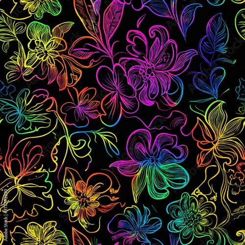 Psychedelic neon flowers on a black background - seamless pattern