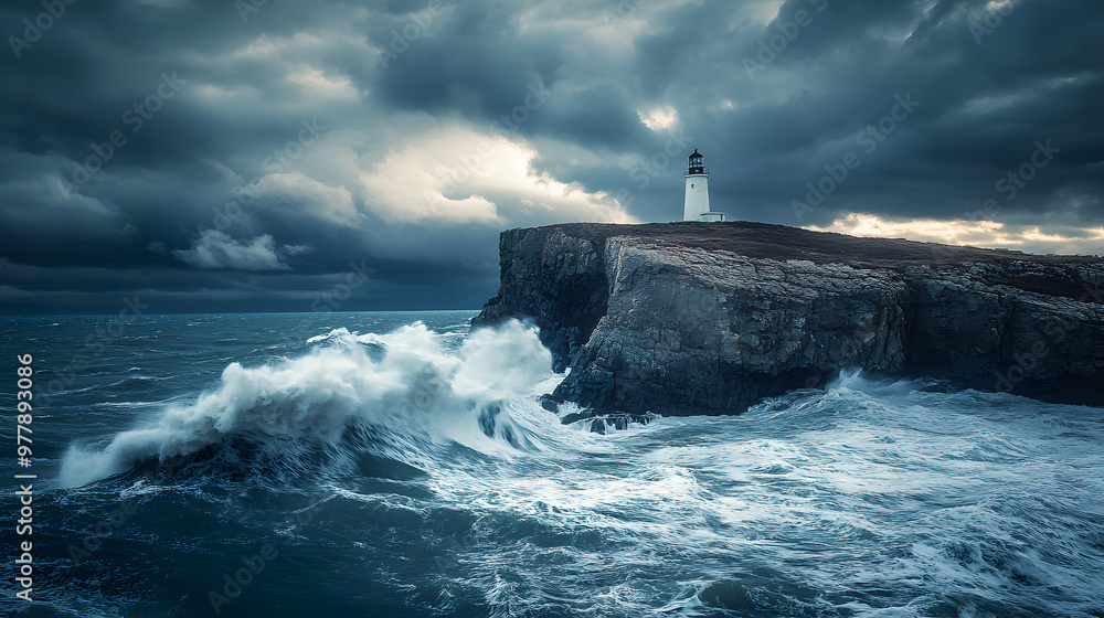 A small island with a lighthouse standing on rugged cliffs waves crashing against the rocks under a cloudy sky. A small island with a lighthouse standing on rugged cliffs waves crashing against the rocks under a cloudy sky.