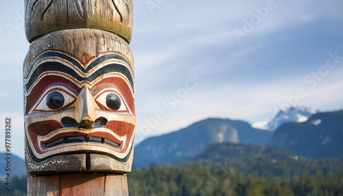 Hand carved wooden totem pole with natural mountain scenery. Traditional national painted object photo