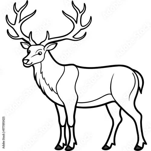 Elk with large, branching antlers and a proud stance line art vector