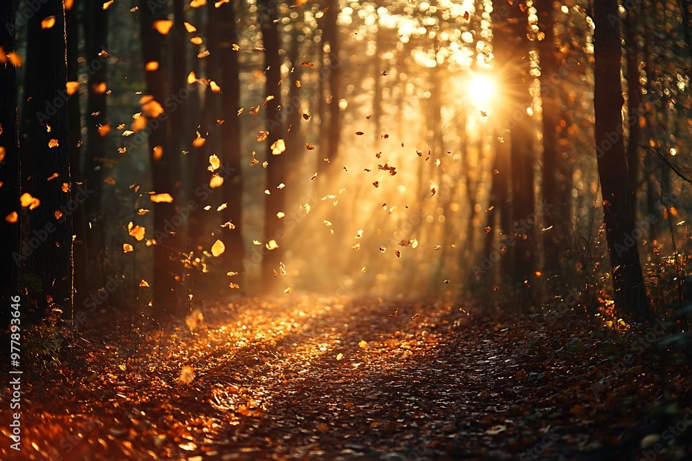 Autumn forest path with falling leaves and sun rays Autumn forest path with falling leaves and sun rays