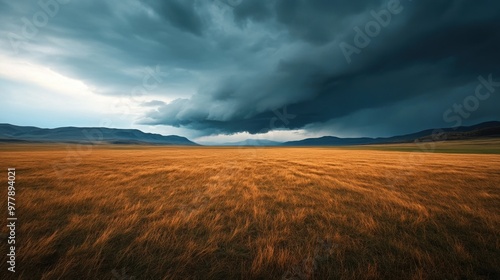 A vast, golden field under a dramatic stormy sky, showcasing nature's beauty and the contrast between light and dark.