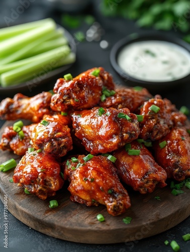 Juicy, spicy chicken wings garnished with green onions on a wooden serving board with celery sticks and ranch dip in the background perfect for food blogs, menus