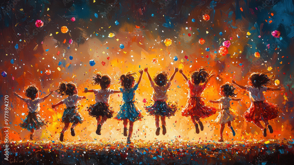  Group of Children Jumping and Celebrating with Colorful Confetti