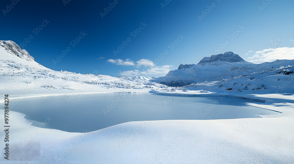 A snow-covered mountain landscape with a frozen lake at its base under a clear blue winter sky. A snow-covered mountain landscape with a frozen lake at its base under a clear blue winter sky.