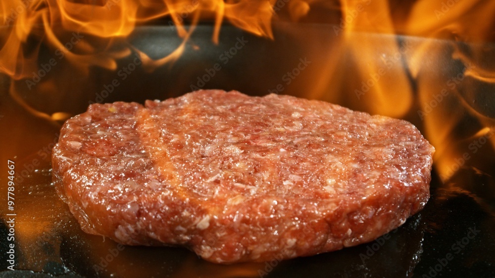 Hamburger Minced Raw Beef Steak on Grill with Flames. Hamburger Minced Raw Beef Steak on Grill with Flames.