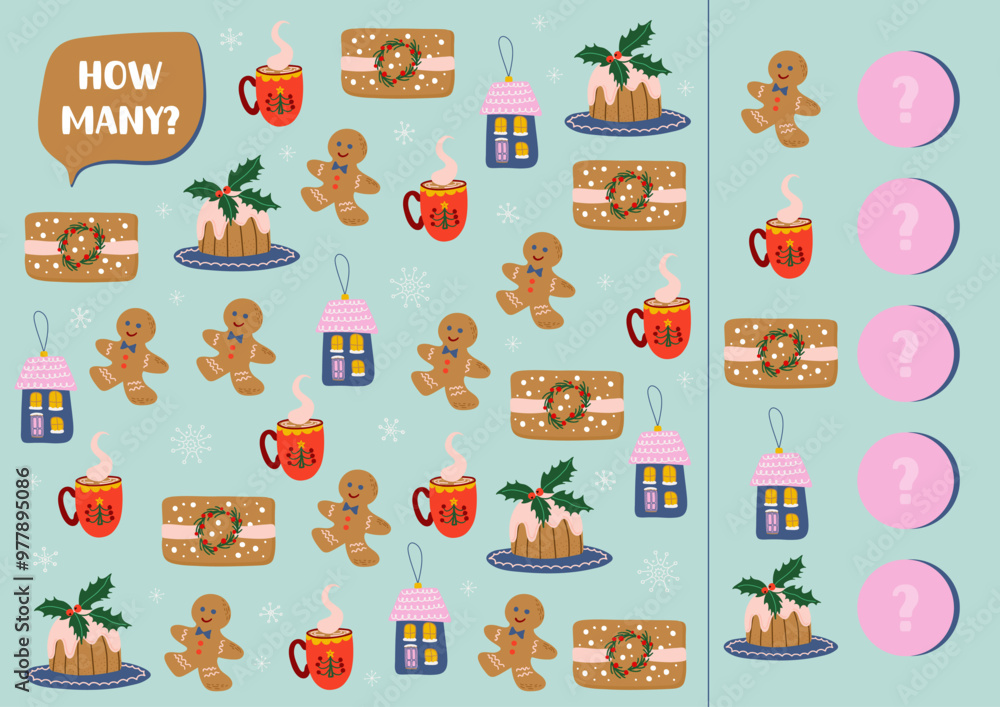 Educational game for children. I spy game. Find and count different objects. Christmas counting activity game for kids. Vector illustration.
Educational game for children. I spy game. Find and count different objects. Christmas counting activity game for kids. Vector illustration.
