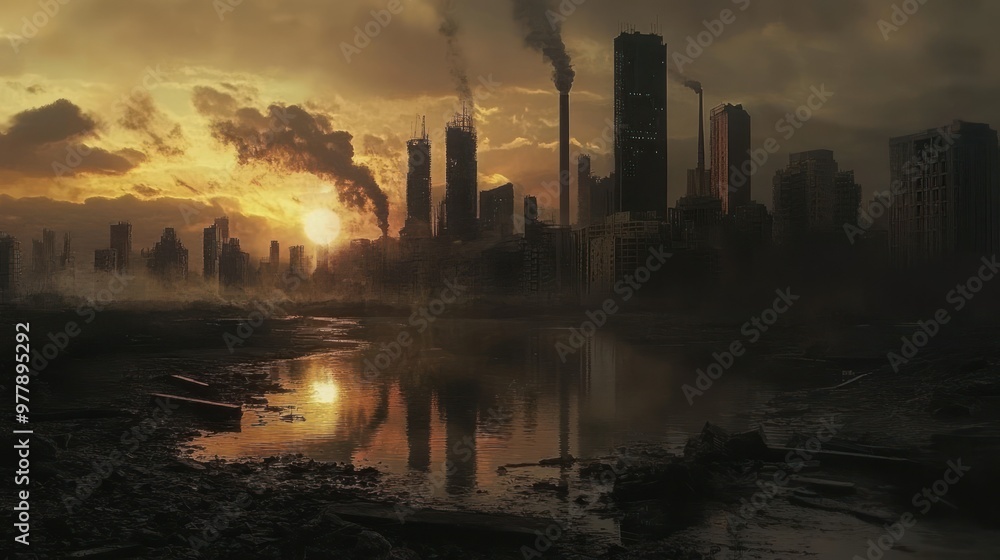 A Silhouetted Cityscape with Smoke and a Setting Sun Reflected in a Body of Water A Silhouetted Cityscape with Smoke and a Setting Sun Reflected in a Body of Water