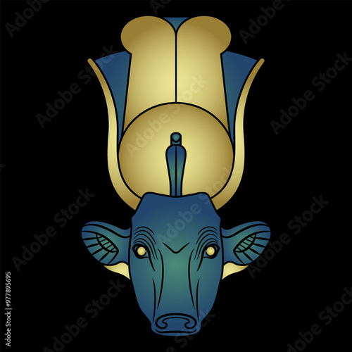 Head of sacred cow. Ancient Egyptian mythology. Goddess Hathor or Hesat. Gold and blue art on black background.