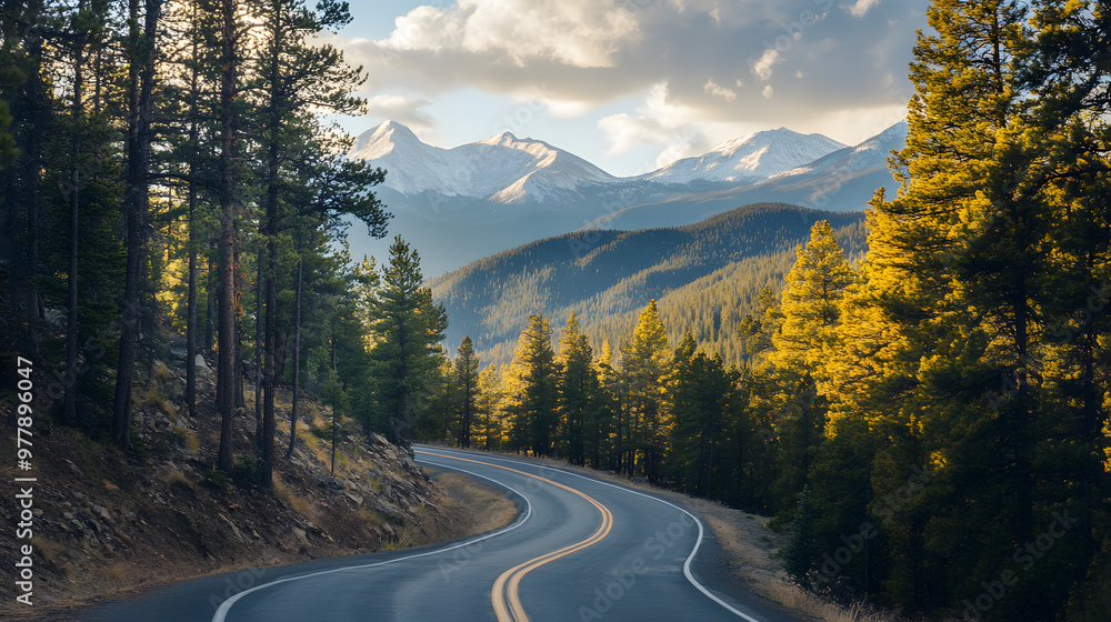 A steep mountain road winding through a forest of tall pines with sunlight dappling through the canopy and snow-capped peaks in the distance. A steep mountain road winding through a forest of tall pines with sunlight dappling through the canopy and snow-capped peaks in the distance.
