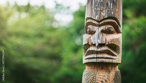 Hand carved wooden totem pole, natural green backdrop. Traditional national object.