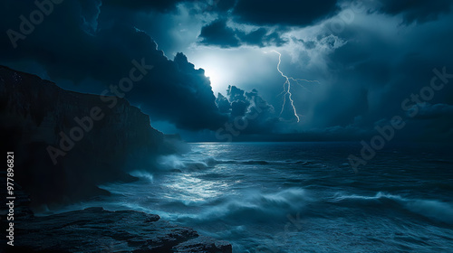 A stormy night over the sea with moonlight filtering through thick clouds waves crashing against the cliffs and distant lightning flashing in the sky.