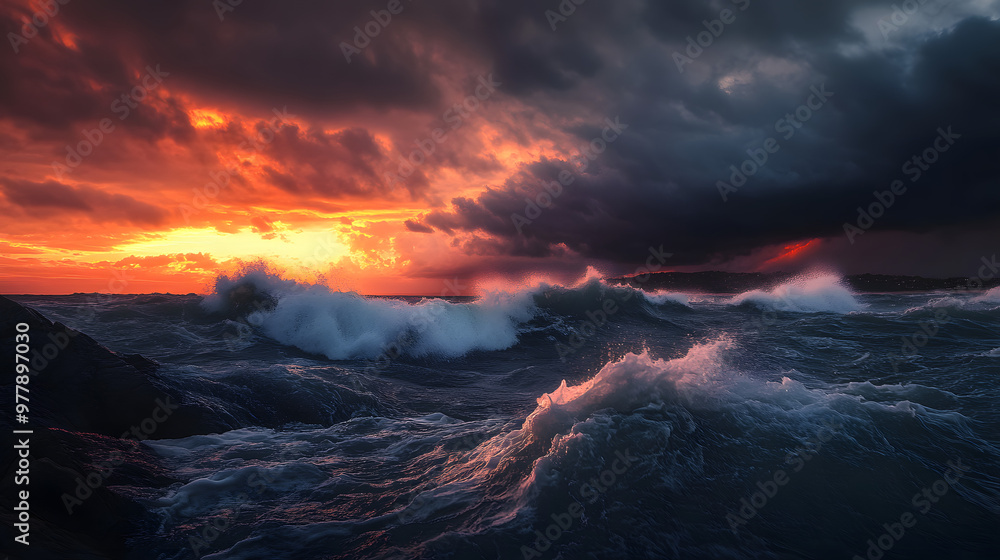 A stormy sea under a dramatic sunset with waves crashing against jagged rocks and dark clouds slowly clearing to reveal a fiery sky. A stormy sea under a dramatic sunset with waves crashing against jagged rocks and dark clouds slowly clearing to reveal a fiery sky.