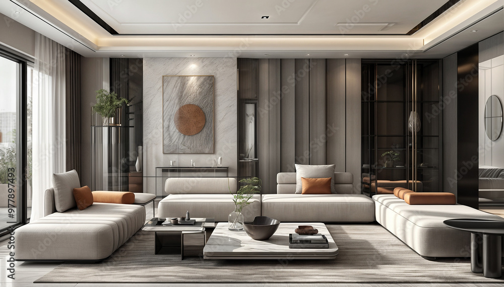 Modern living room with white sofa, black accents and large window. Modern living room with white sofa, black accents and large window.