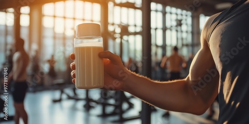 Man holding protein shake in gym with other people exercising in background, fitness, bodybuilding, workout concept photo