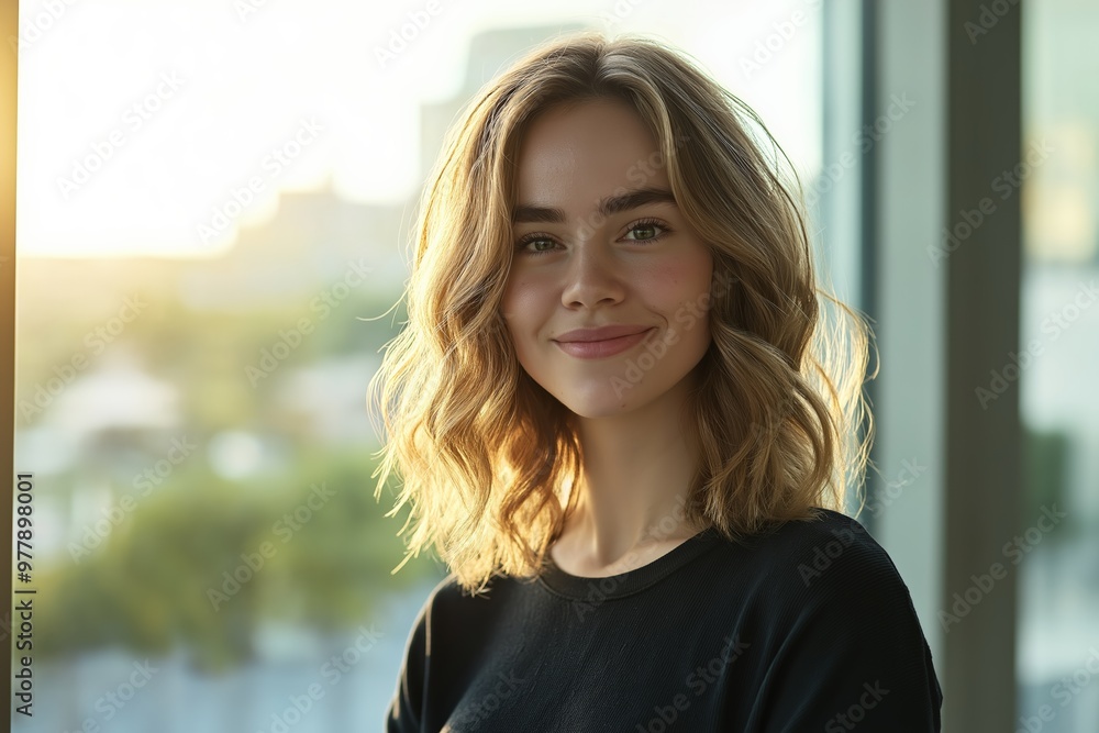 Portrait of smiling young woman with wavy blonde hair in casual black shirt, soft natural light, indoor setting concept Portrait of smiling young woman with wavy blonde hair in casual black shirt, soft natural light, indoor setting concept