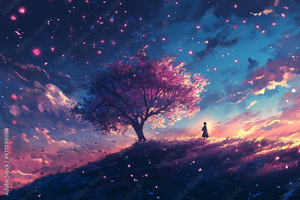 Silhouette of a lone person standing under a pink blossom tree with a starry night sky and falling petals Silhouette of a lone person standing under a pink blossom tree with a starry night sky and falling petals