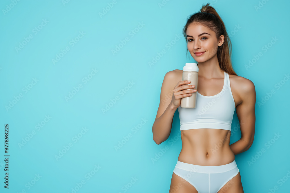 Smiling woman in sportswear holding protein shake against blue background, fitness and health, active lifestyle concept Smiling woman in sportswear holding protein shake against blue background, fitness and health, active lifestyle concept