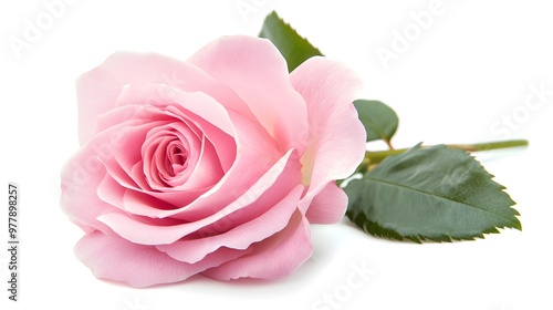 Single rose flower in pink isolated on white background