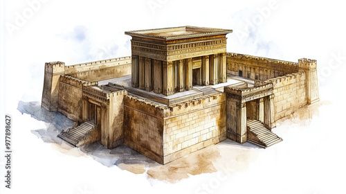 watercolor illustration of king Solomon temple on white background