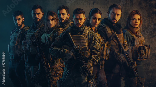 A group of diverse soldiers stands confidently, equipped with tactical gear in a dramatic, moody setting, showcasing strength and unity.