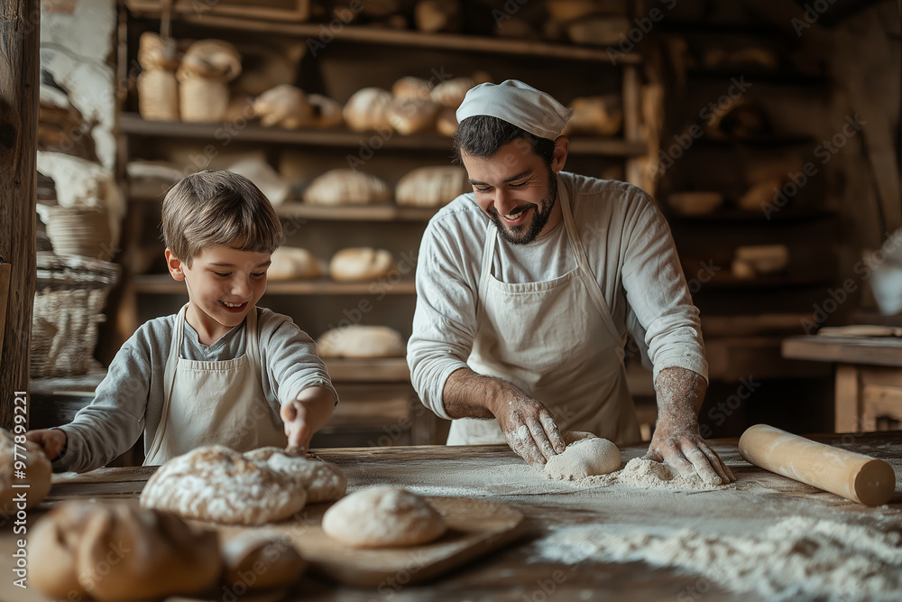 Father and son baking bread together, sharing joyful moment, home kitchen, family activity, bonding time, dough preparation, culinary skills, father-son relationship concept Father and son baking bread together, sharing joyful moment, home kitchen, family activity, bonding time, dough preparation, culinary skills, father-son relationship concept