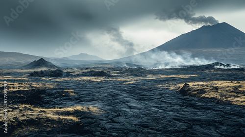 A stark volcanic landscape with black lava fields and distant active vents under a smoky sky.