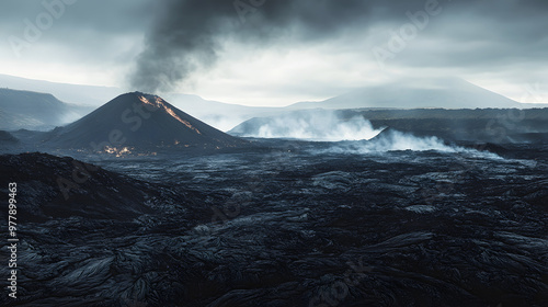 A stark volcanic landscape with black lava fields and distant active vents under a smoky sky.