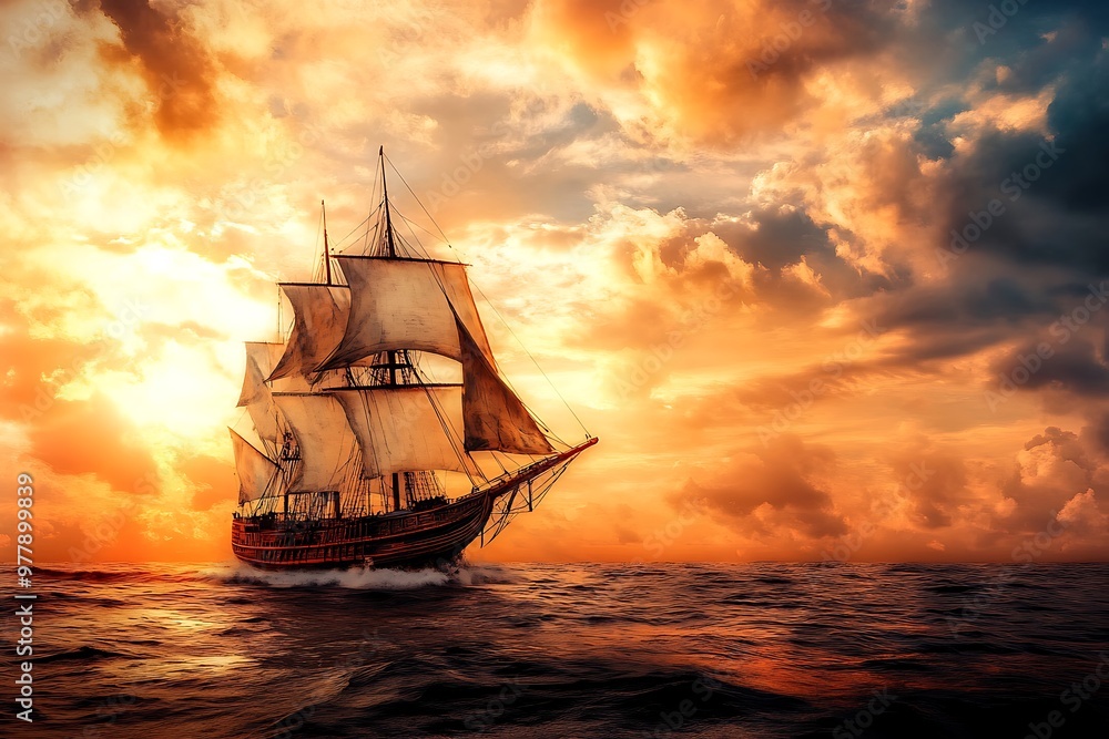Obraz premium Vintage Sailing Ship at Sunset, Dramatic Ocean Landscape