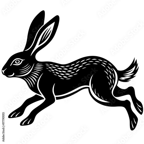 Hare mid-leap, with long ears and legs extended in a fast motion vector photo