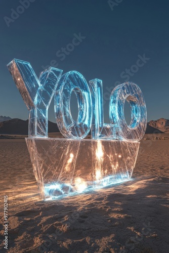 Illuminated YOLO Sculpture: A Modern Artistic Expression in the Desert Landscape photo