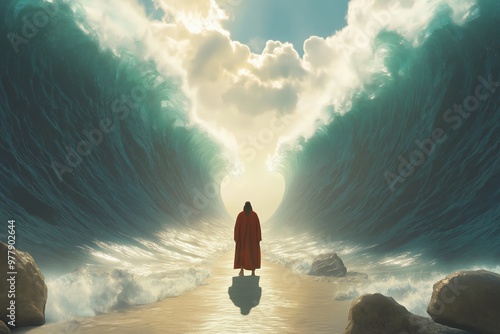Biblical Moses parting Red Sea, dramatic ocean waves, divine light, clouds and miraculous event, religious concept