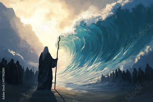 Moses parting Red Sea, biblical scene, Old Testament, epic moment, divine power, miracle, Israelite exodus, ocean wave, salvation, dramatic sunset concept