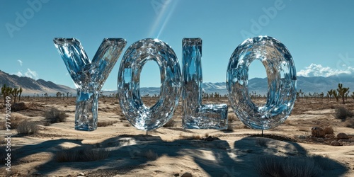 Shimmering Glass Sculpture of 'YOLO' in a Sunlit Desert Landscape photo