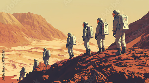 Depict a group of explorers on a terraformed mars, wearing. Terraforming. Illustration photo