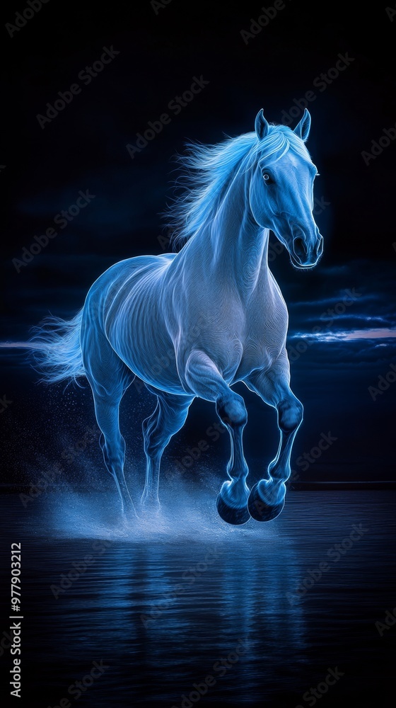 Naklejka premium Ethereal Equine Mystical Blue Stallion Galloping Through Shimmering Waters